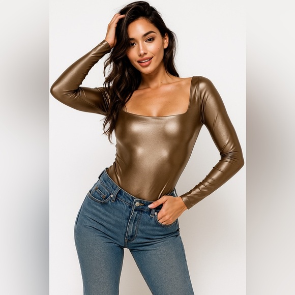 GOLDSIGN Square Neck Metallic Nude Thong Bodysuit - Picture 1 of 13